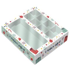 Коробка на 8 конфет и шоколадную плитку с окном "С Новым Годом!" КУ-617