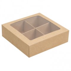 Коробка на 4 конфеты с окошком Крафт 12,6х12,6х3,5 см КУ-168