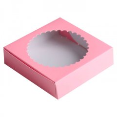Коробка для печенья/конфет с окном Розовая 11,5х11,5х3 см КУ-028