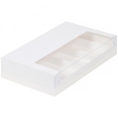 Коробка на 5 эклеров и эскимо с прозрачной крышкой белая 25х15х5см 080820 ф